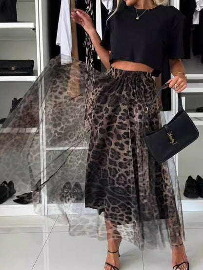 Falda larga de gasa con estampado de leopardo
