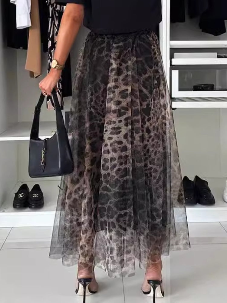 Falda larga de gasa con estampado de leopardo
